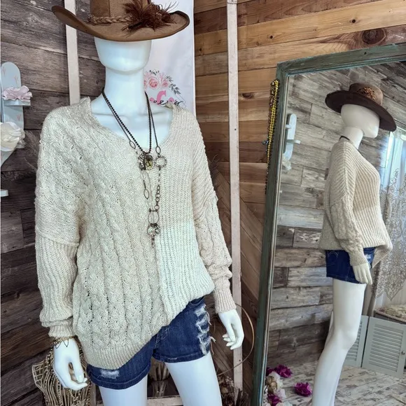 Boutique Brand Beige V Neck Loose Knit Patchwork Sweater