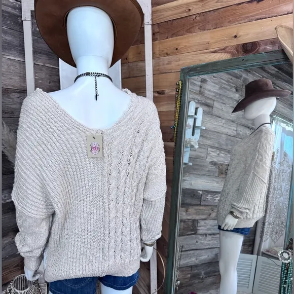 Boutique Brand Beige V Neck Loose Knit Patchwork Sweater