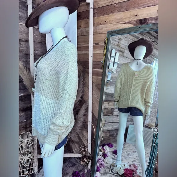 Boutique Brand Beige V Neck Loose Knit Patchwork Sweater