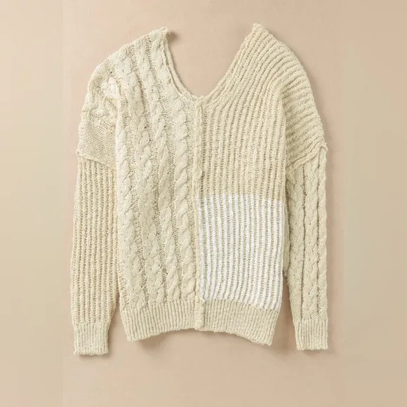 Boutique Brand Beige V Neck Loose Knit Patchwork Sweater