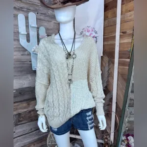Boutique Brand Beige V Neck Loose Knit Patchwork Sweater