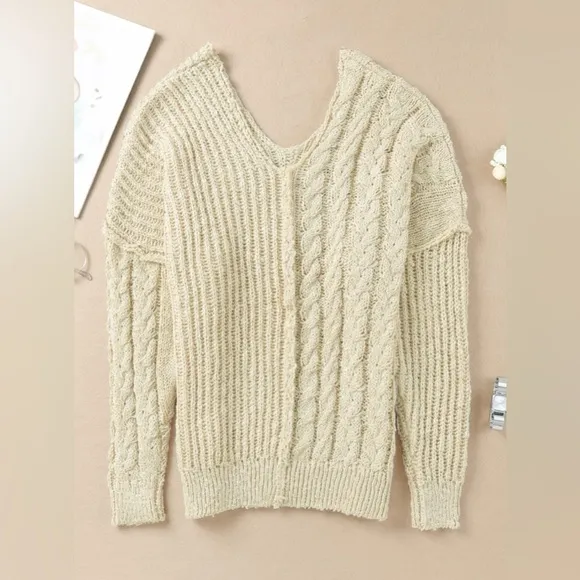 Boutique Brand Beige V Neck Loose Knit Patchwork Sweater