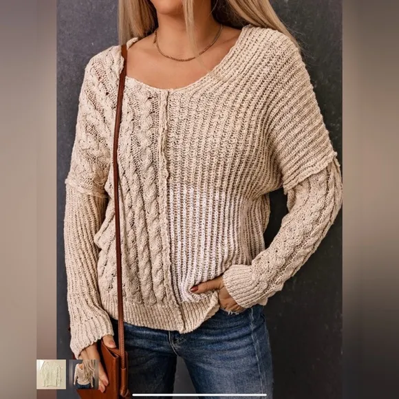Boutique Brand Beige V Neck Loose Knit Patchwork Sweater