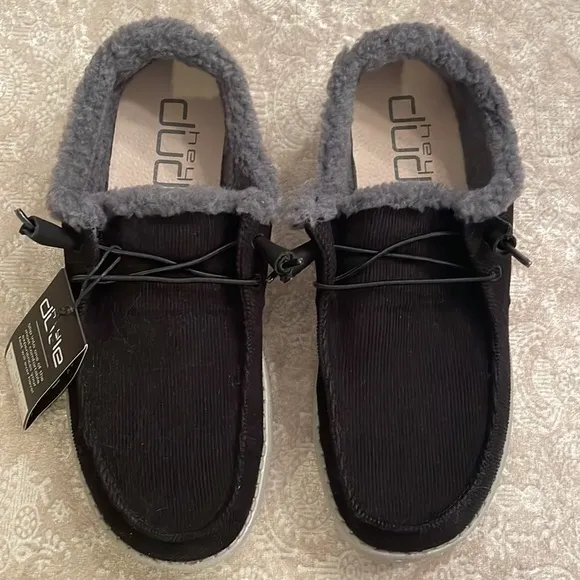 Brand New Hey Dude Black Corduroy Gray Plush Fleece Lined Slip On Casual Shoes