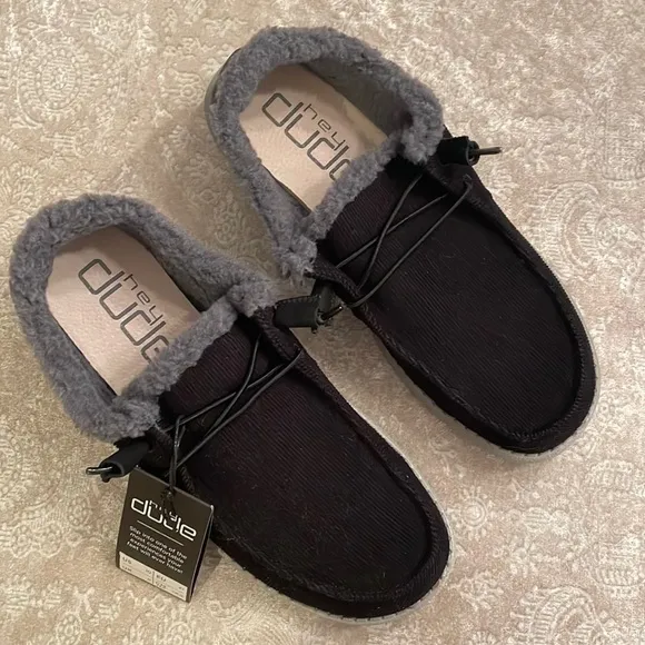 Brand New Hey Dude Black Corduroy Gray Plush Fleece Lined Slip On Casual Shoes