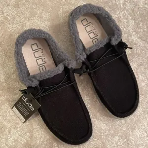Brand New Hey Dude Black Corduroy Gray Plush Fleece Lined Slip On Casual Shoes
