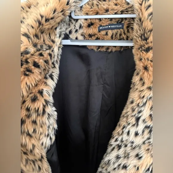 Brandy Melville Leopard Print Faux Fur Coat, One Size, Mid-Thigh Length