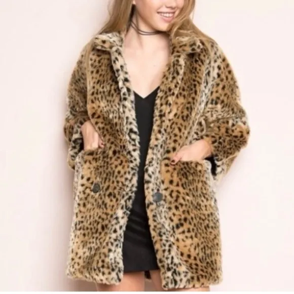 Brandy Melville Leopard Print Faux Fur Coat, One Size, Mid-Thigh Length