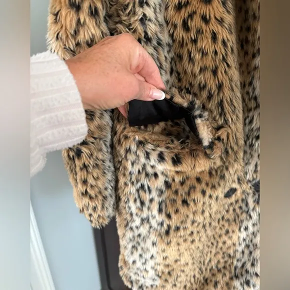 Brandy Melville Leopard Print Faux Fur Coat, One Size, Mid-Thigh Length