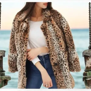 Brandy Melville Leopard Print Faux Fur Coat, One Size, Mid-Thigh Length