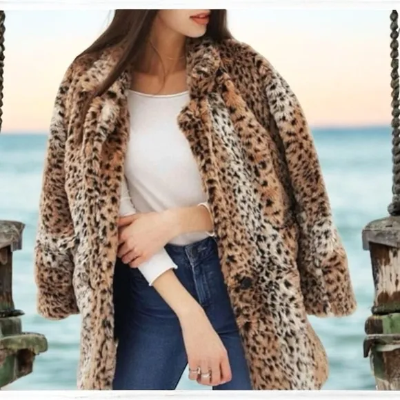 Brandy Melville Leopard Print Faux Fur Coat, One Size, Mid-Thigh Length