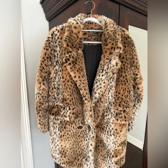 Brandy Melville Leopard Print Faux Fur Coat, One Size, Mid-Thigh Length