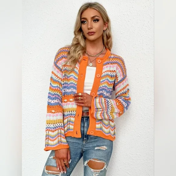 Bright Chevron Stripe Openwork Knit Button Front Long Sleeve Retro Cardigan