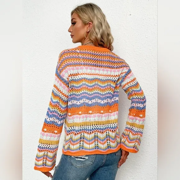 Bright Chevron Stripe Openwork Knit Button Front Long Sleeve Retro Cardigan