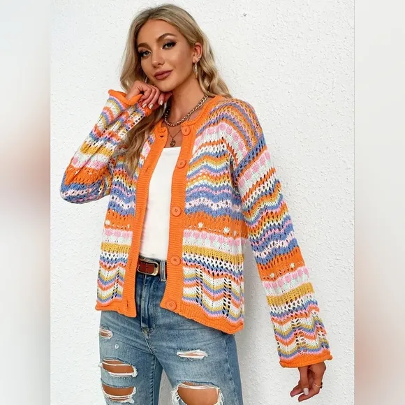 Bright Chevron Stripe Openwork Knit Button Front Long Sleeve Retro Cardigan
