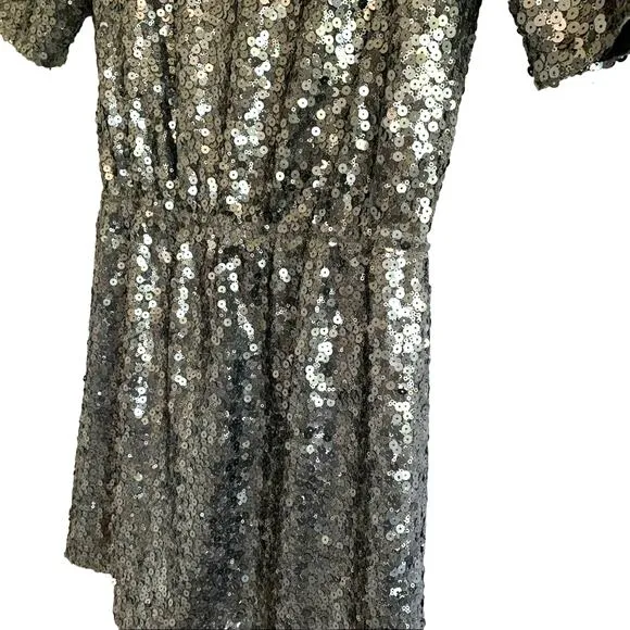Broadway &amp; Broome Sequin Metallic Short Sleeve Boat Neck Mini Dress Silver 0