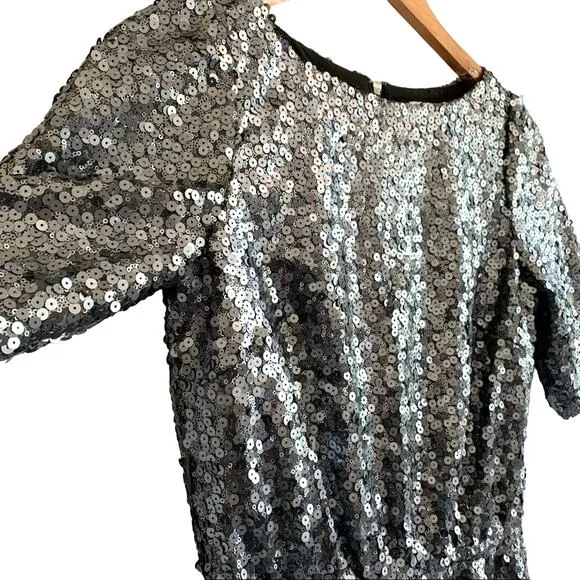 Broadway &amp; Broome Sequin Metallic Short Sleeve Boat Neck Mini Dress Silver 0