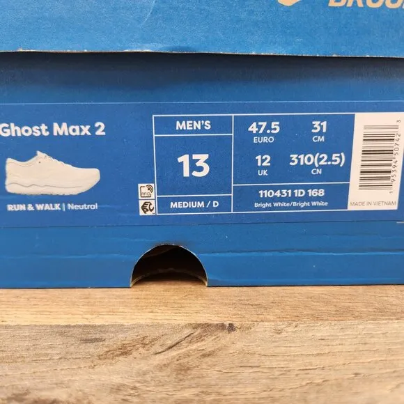 Brooks Ghost Max 2 Size 13 Mens Bright White Casual Walking Running Shoes