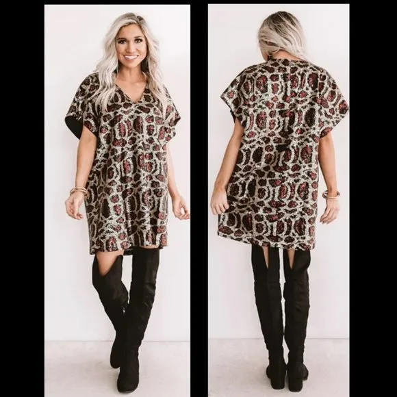 Buddy Love Animal Print Sequin Shift Dress Sz L