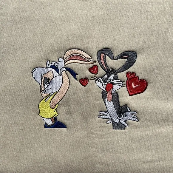Bugs &amp; Lola Space Jam Custom Handmade Embroidered Crewneck Long-sleeve Sweater
