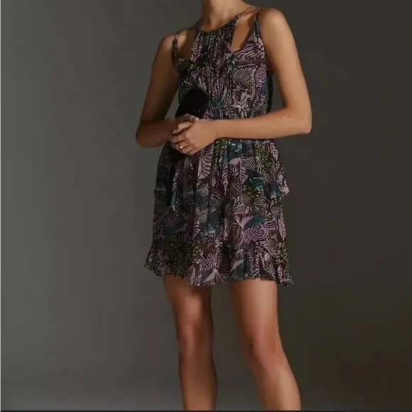 By Anthropologie Cutout Mini Dress-Purple Motif-Small ruffled chiffon S summer