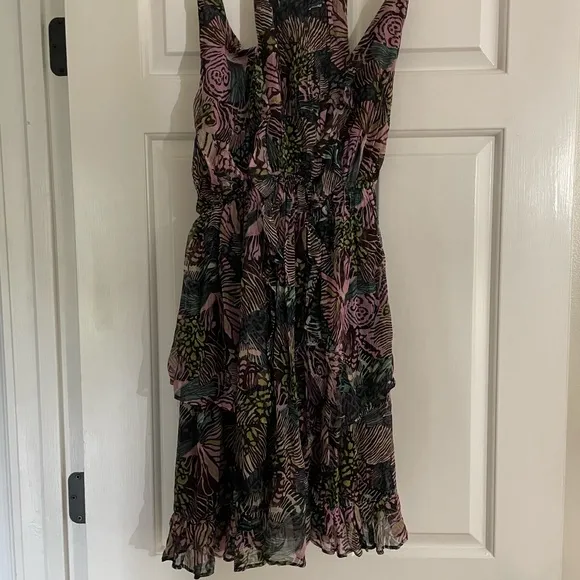 By Anthropologie Cutout Mini Dress-Purple Motif-Small ruffled chiffon S summer