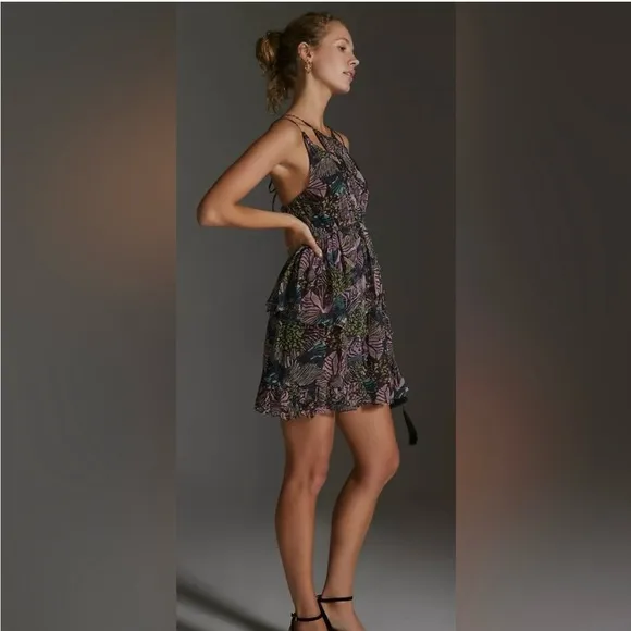By Anthropologie Cutout Mini Dress-Purple Motif-Small ruffled chiffon S summer