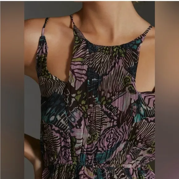 By Anthropologie Cutout Mini Dress-Purple Motif-Small ruffled chiffon S summer