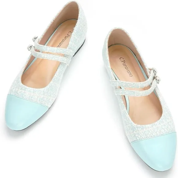 C. Paravano Women's Mary Jane’s Pink Leather Tweed Ballet Flats MADE IN ITALY