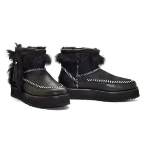 C0 Auth UGG Black Leather Toscana Sheepskin Fluff Punk Boot Shoes 1102950 Size 6