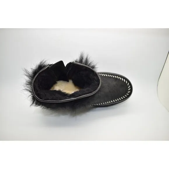C0 Auth UGG Black Leather Toscana Sheepskin Fluff Punk Boot Shoes 1102950 Size 6