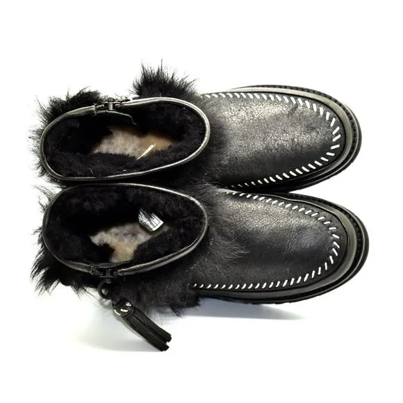 C0 Auth UGG Black Leather Toscana Sheepskin Fluff Punk Boot Shoes 1102950 Size 6