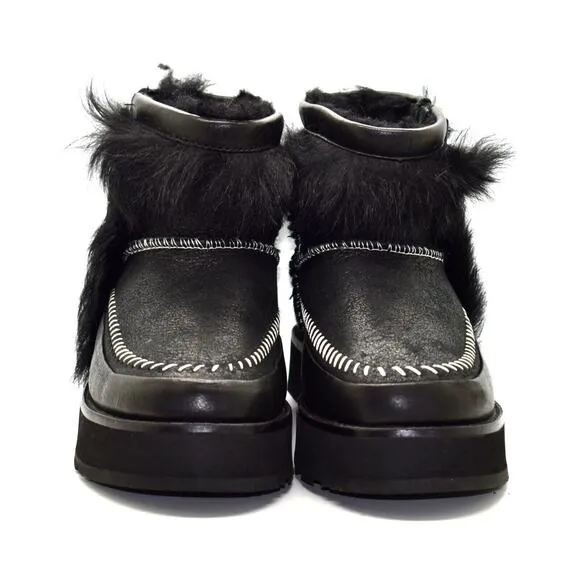 C0 Auth UGG Black Leather Toscana Sheepskin Fluff Punk Boot Shoes 1102950 Size 6
