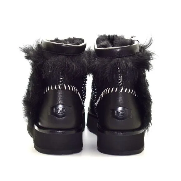 C0 Auth UGG Black Leather Toscana Sheepskin Fluff Punk Boot Shoes 1102950 Size 6