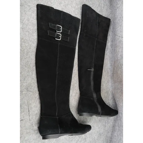 Calvin Klein Shoes Women 7 Boots Tall Leather Fashion Knee High Buckle Zip Black