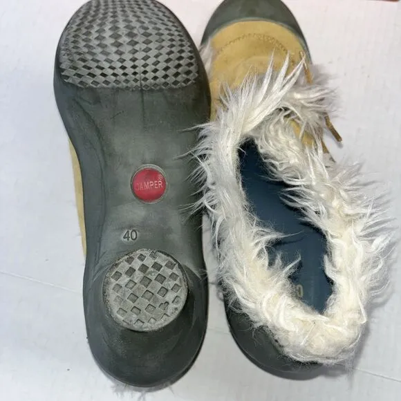 CAMPER Minie Musgo Tan  Suede  Faux Fur Trim and Bow Shoe Size 10 NWB