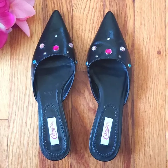 Candies Bree Jeweled and Studded Faux Leather Kitten Heel Mules Size 6.5