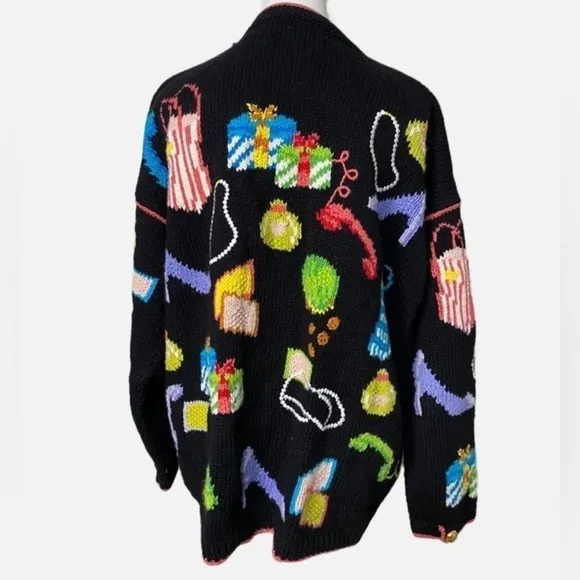 Cardigan Bay Vintage Hand Knit Black Sweater with Shopping Bags, Shoes, Jewelry