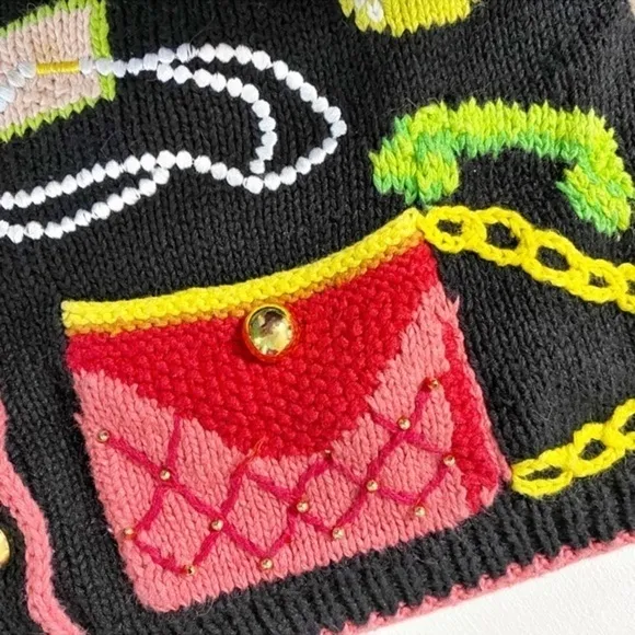 Cardigan Bay Vintage Hand Knit Black Sweater with Shopping Bags, Shoes, Jewelry