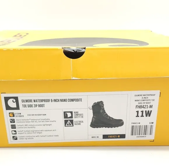 Carhartt Men's Waterproof 8&quot; Side Zip Nano Toe Black Boot Size 11 W