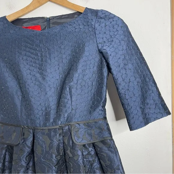Carolina Herrara 1950’s Navy Brocade 3/4 Sleeve Boat Neck Fit &amp; Flare Dress Sz 6