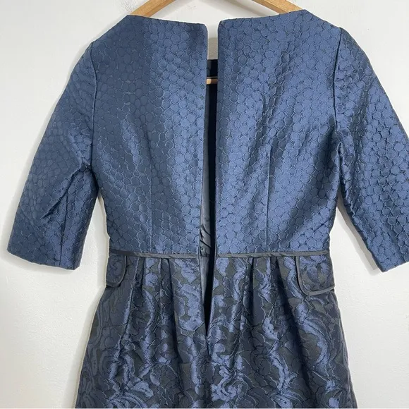 Carolina Herrara 1950’s Navy Brocade 3/4 Sleeve Boat Neck Fit &amp; Flare Dress Sz 6