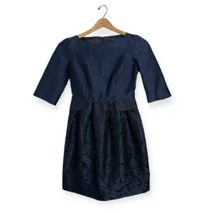 Carolina Herrara 1950’s Navy Brocade 3/4 Sleeve Boat Neck Fit &amp; Flare Dress Sz 6