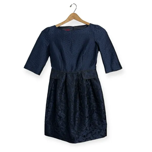Carolina Herrara 1950’s Navy Brocade 3/4 Sleeve Boat Neck Fit &amp; Flare Dress Sz 6