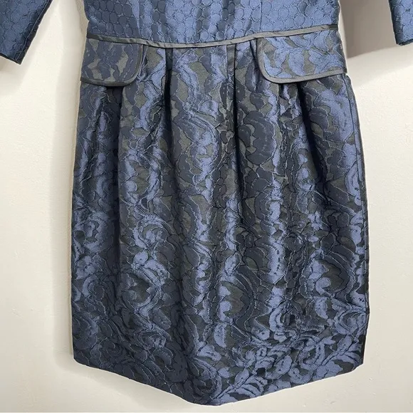 Carolina Herrara 1950’s Navy Brocade 3/4 Sleeve Boat Neck Fit &amp; Flare Dress Sz 6