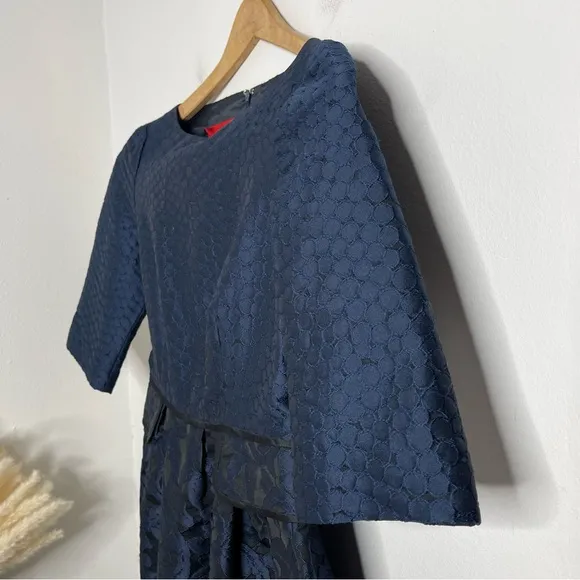 Carolina Herrara 1950’s Navy Brocade 3/4 Sleeve Boat Neck Fit &amp; Flare Dress Sz 6