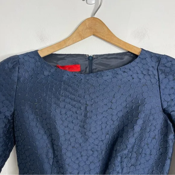 Carolina Herrara 1950’s Navy Brocade 3/4 Sleeve Boat Neck Fit &amp; Flare Dress Sz 6