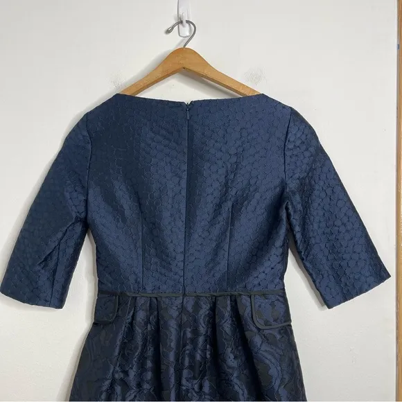 Carolina Herrara 1950’s Navy Brocade 3/4 Sleeve Boat Neck Fit &amp; Flare Dress Sz 6