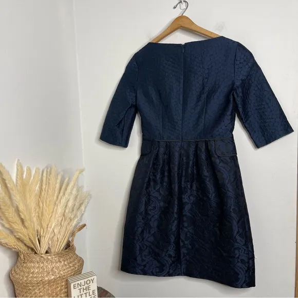 Carolina Herrara 1950’s Navy Brocade 3/4 Sleeve Boat Neck Fit &amp; Flare Dress Sz 6