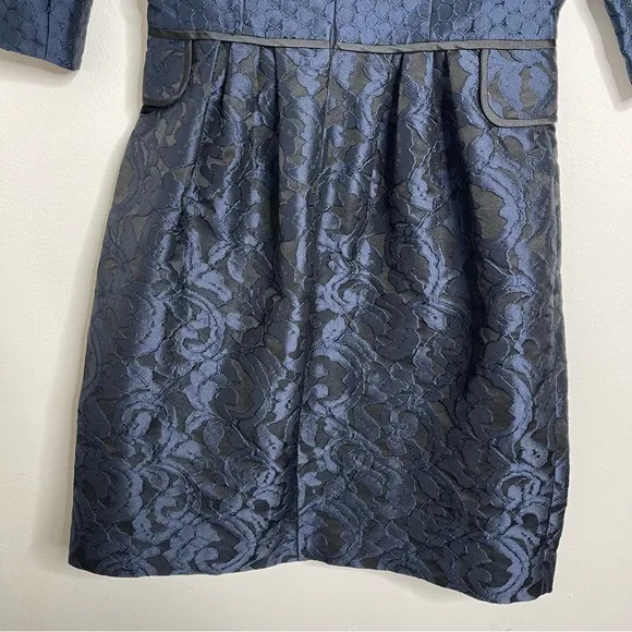 Carolina Herrara 1950’s Navy Brocade 3/4 Sleeve Boat Neck Fit &amp; Flare Dress Sz 6
